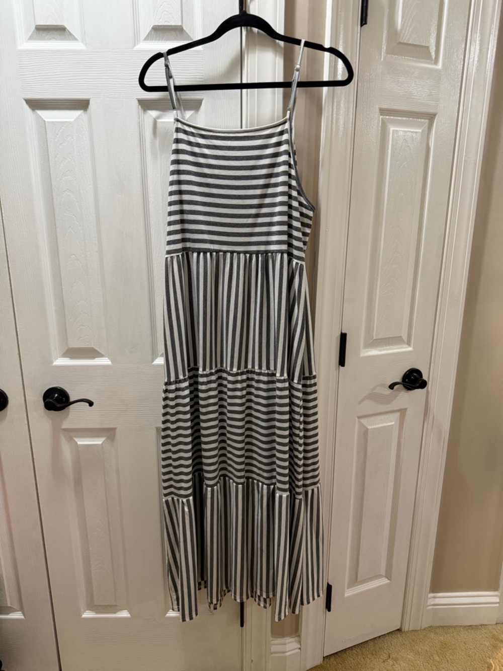 Striped Spaghetti Strap Tiered Maxi Dress - Gray & White